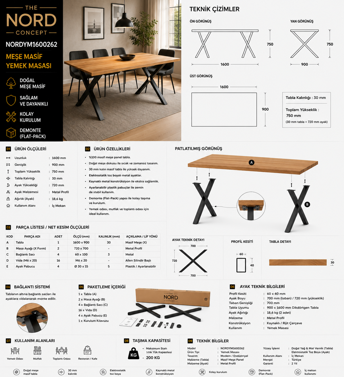 NORDYM1600262 meşe masif yemek masası